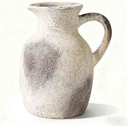 Ceramic Rustic Vase with Handle, Decorative Jug Pitcher, Terracotta Stone Vase for Decor Living Room, Vintage Home Decor, Natural