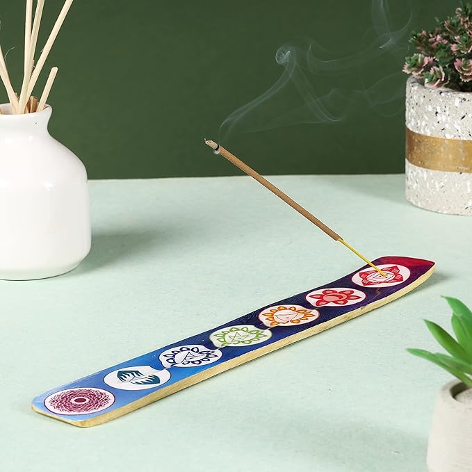 Bless-International Traditional-Handmade-Burner Wooden-Incense-Stick-Holder Ash-Catcher-Stand for-Aromatherapy-Meditation-Yoga (Seven Chakkra) 10 Inches, Pack of 1