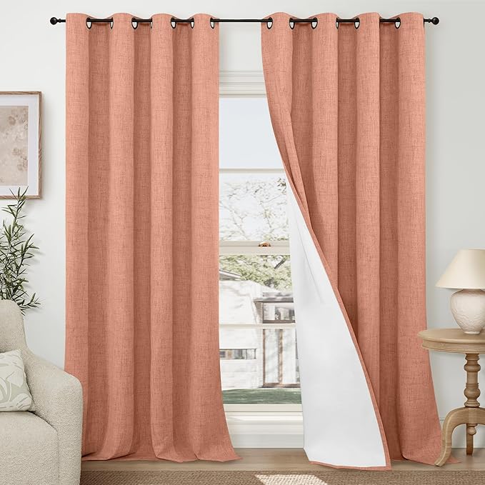 Lajode Terracotta Linen Blackout Curtains for Living Room 60 Inch Wide, Boho Farmhouse Curtains 84 Inch Long, Total Black Out Thermal Insulated Boho Window Drapes, Each Set 60x84 Inch 2 Panels