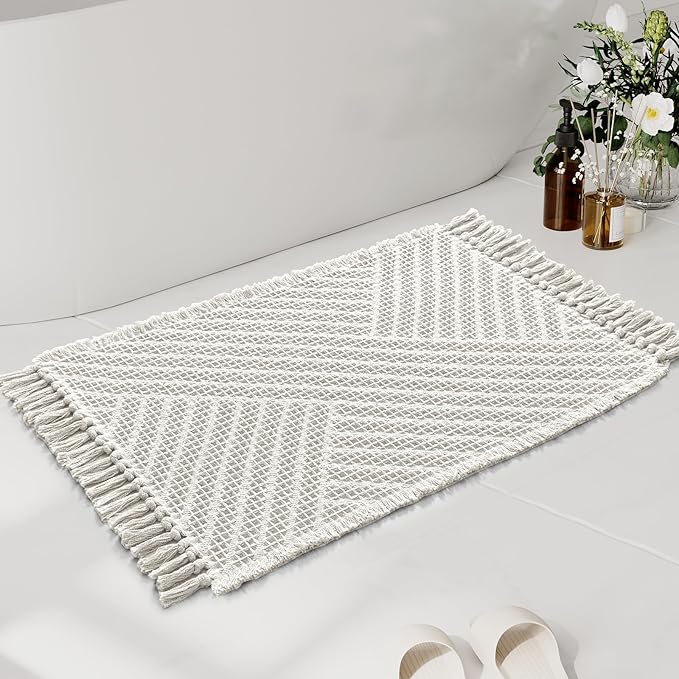 H.VERSAILTEX Waffle Bath Mat Super Absorbent Boho Bath Mat Non Slip Bath Rugs for Bathroom Floor Machine Washable Dry Fast Bathroom Rugs with Tassels, 20" x 32", Ivory White