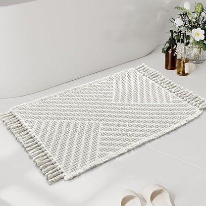 H.VERSAILTEX Waffle Bath Mat Super Absorbent Boho Bath Mat Non Slip Bath Rugs for Bathroom Floor Machine Washable Dry Fast Bathroom Rugs with Tassels, 20" x 32", Ivory White