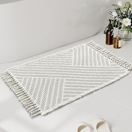 H.VERSAILTEX Waffle Bath Mat Super Absorbent Boho Bath Mat Non Slip Bath Rugs for Bathroom Floor Machine Washable Dry Fast Bathroom Rugs with Tassels, 20" x 32", Ivory White
