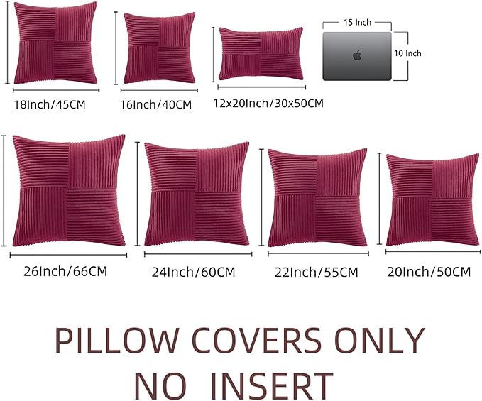 Fancy Homi 2 Packs Burgundy Euro Decorative Throw Pillow Covers 26x26 Inch for Living Room Bed, Rustic Farmhouse Boho Home Decor, Soft Corss Corduroy Patchwork Textured Square Cushion Case 66x66 cm