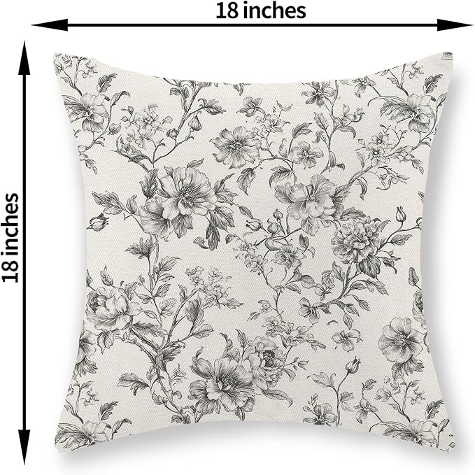Black and Cream Pillow Covers 18x18 Set of 2 Vintage Floral Chinoiserie Throw Pillows Rustic Toile Flower Decorative Pillow Cases Outdoor Chinoiserie Decor Linen Cushion Case for Couch Sofa