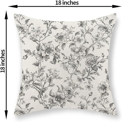 Black and Cream Pillow Covers 18x18 Set of 2 Vintage Floral Chinoiserie Throw Pillows Rustic Toile Flower Decorative Pillow Cases Outdoor Chinoiserie Decor Linen Cushion Case for Couch Sofa
