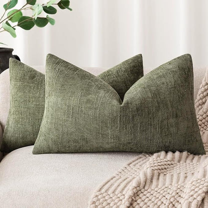 Foindtower Pack of 2 Textured Chenille Throw Decorative Pillow Covers Square Accent Solid Cushion Cover Neutral Farmhouse Lumbar Pillow Case for Couch Sofa Bedroom Living Room 12x20 Inch,Dark Green