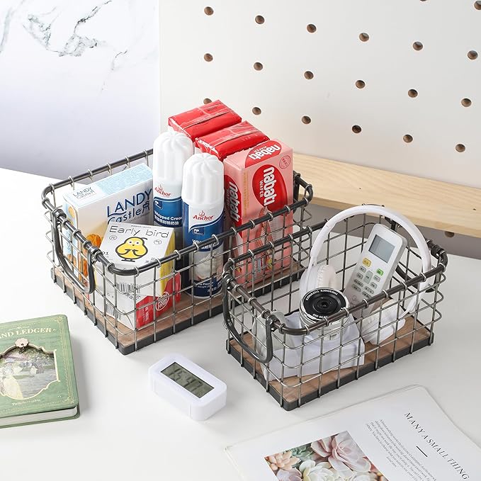 11.5" Wide Rectangular Sturdy Hand Welded Farmhouse Metal Wire Basket with Rustic Wooden Bottom For Shelves, Closet Storage Bins for Shelves. Also For Laundry, Towel, Spice Rack, Tool Box (11.5"x7")