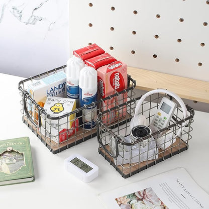 13.8" Wide Rectangular Sturdy Hand Welded Farmhouse Metal Wire Basket with Rustic Wooden Bottom For Shelves, Closet Storage Bins for Shelves. Also For Laundry, Towel, Spice Rack, Tool Box (14"x9")