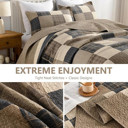 100% Cotton 120"x120" Oversized Quilt Bedspread, Plaid Pattern California King Extra Large Quilt Bedding Set, Reversible Cal King XL Bed Spread Lightweight Comforter, Brown/Beige/Cream, 3Pcs