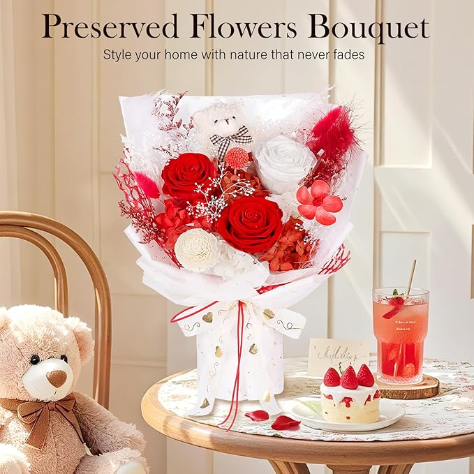 Preserved Flowers Bouquet with Bear, 3 Real Forever Flowers for Delivery, Long-Lasting Red Eteranl Roses Bouquet, Anniversary Birthday Valentine Gifts for Women Mom Her Wife Girlfriend Teenage Girls