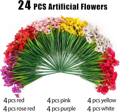 MACTING Artificial Flowers for Outdoors 24 Bundles UV Resistant Fake Flowers Faux Plastic Plants No Fade for Hanging Planters Window Patio Porch Garden Indoor Outdoor Summer Decor(Mix Color-1)