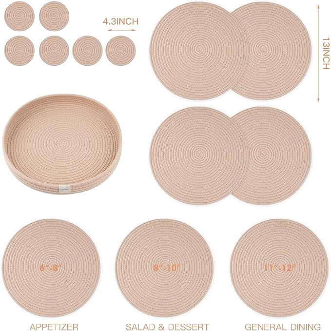 Woven Cotton Rope Round Placemats Set of 9 Pcs with Holder Included, Handmade Boho Woven Place mats,Hot Pads for Kitchen,Farmhouse Place Mats for Dining Tables Trivets for Hot Dishes