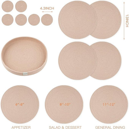 Woven Cotton Rope Round Placemats Set of 9 Pcs with Holder Included, Handmade Boho Woven Place mats,Hot Pads for Kitchen,Farmhouse Place Mats for Dining Tables Trivets for Hot Dishes