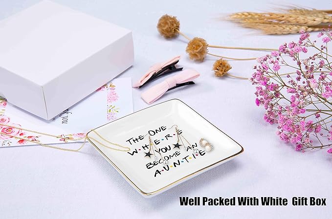 Gift for Sister,Best Friends-Aunt Announcement-Aunt to Be-New Aunty-Pregnancy Announcement Idea-The One Where You Become an Auntie-Ceramic Jewelry Holder Ring Dish Trinket Box Tray-Friends TV Show