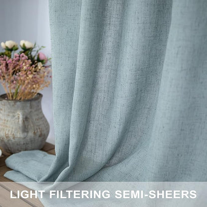 Teal Curtains 54 Inch Length for Master Bedroom 2 Panels Back Tab Pocket Blue Green Linen Semi Sheer Mist Seafoam Curtains for Living Room Summer Cabin Coastal Beach Decor Dusty Aqua Sea Green 52x54