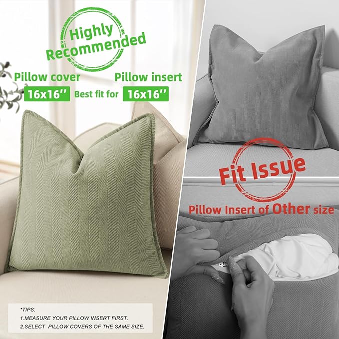 ZWJD Sage Green Pillow Covers 16x16 Set of 2 Chenille Throw Pillow Covers with Elegant Design Soft and Luxurious Decorative Throw Pillows for Couch, Bed, and Home Decor