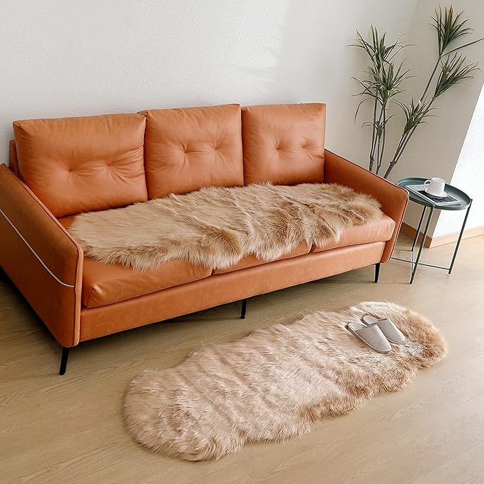 Faux Fur Rug Sheepskin Shag Fluffy Fuzzy Beige 2x6 ft Runner Rugs for Bedroom Bedside Bed Floor Living Room Plush High-Density Cushion Carpet Super Sofa Cover