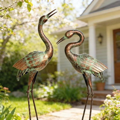 Shorayn Garden Crane Statues, Blue Heron Sculptures for Outdoor, Cranes Decor Metal Bird, Patina Garden Art Lawn Ornaments for Yard Patio Porch Outside Decorations
