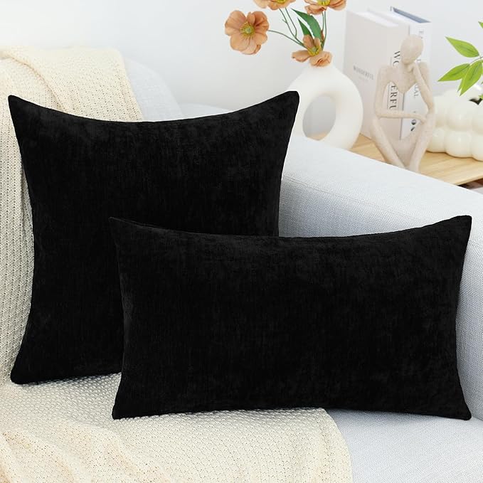 decorUhome Chenille Black Spring Throw Pillow Covers 18x18 Inch Set of 2, Decorative Soft Couch Pillow Covers Solid Dyed Accent Farmhouse Neutral Square Pillow Cases for Sofa
