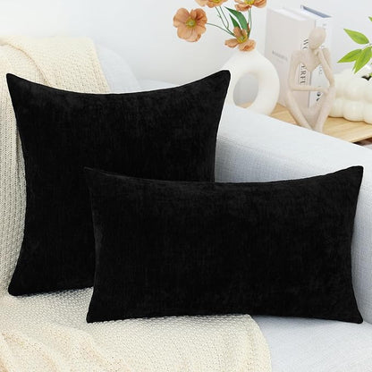 decorUhome Chenille Black Spring Throw Pillow Covers 16x16 Inch Set of 2, Decorative Soft Couch Pillow Covers Solid Dyed Accent Farmhouse Neutral Square Pillow Cases for Sofa