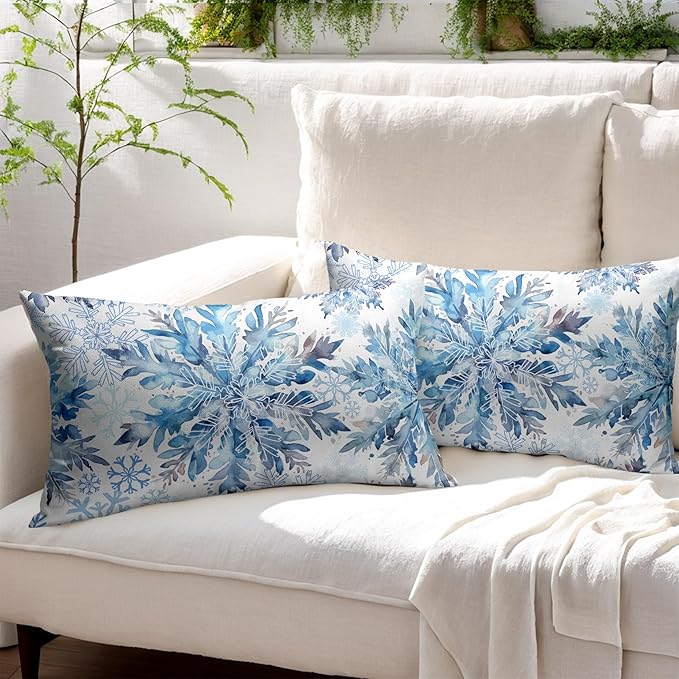Christmas Pillow Covers 12x20 Set of 2 Decorations Blue White Snowflakes Throw Pillow Covers Decorative Vintage Winter Pillow Case Farmhouse Rustic Pillowcases Cozy Soft for Sofa Bed Chair Home Decor