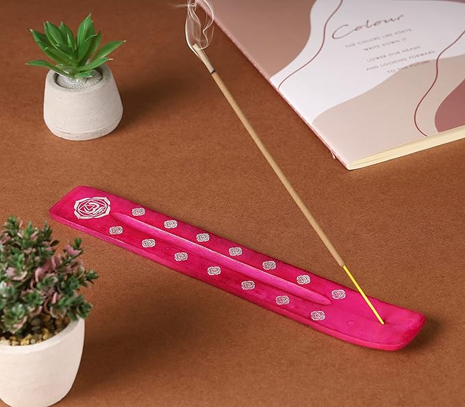 Bless-International Traditional-Handmade-Burner Wooden-Incense-Stick-Holder Ash-Catcher-Stand for-Aromatherapy-Meditation-Yoga (Heart Pink) 10 Inches, Pack of 2