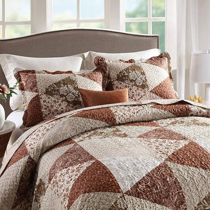 HoneiLife Queen Size 3 Piece Microfiber Quilt Set - Brown Triangle Pattern, 90x96 Inch