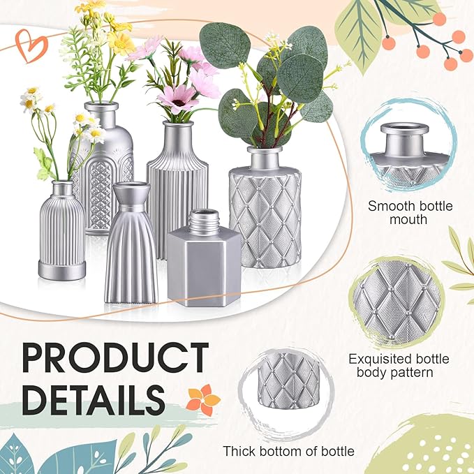 Yaomiao 30 Pcs Vases Bulk Colored Flower Glass Christmas Vases Bud Vintage Colored Glass Bottles Colorful Rustic Embossed for Home Wedding Table Decorations Gifts(Silver Series)