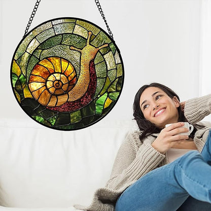 Stained Glass Window Hanging, Green Orange Snail Sun Catcher for Door Home Decor Suncatcher Christmas Mother's Day Birthday Gifts for Women Men Mom and Nana 11.8 in