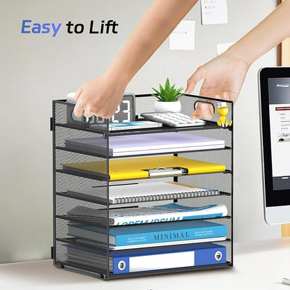 7-Tier Paper Organizer for Desk, Letter Tray with Handle Mesh Desk File Organizer, Workspace Organizers, Paper Sorter Organizer for Office Home School (Black)