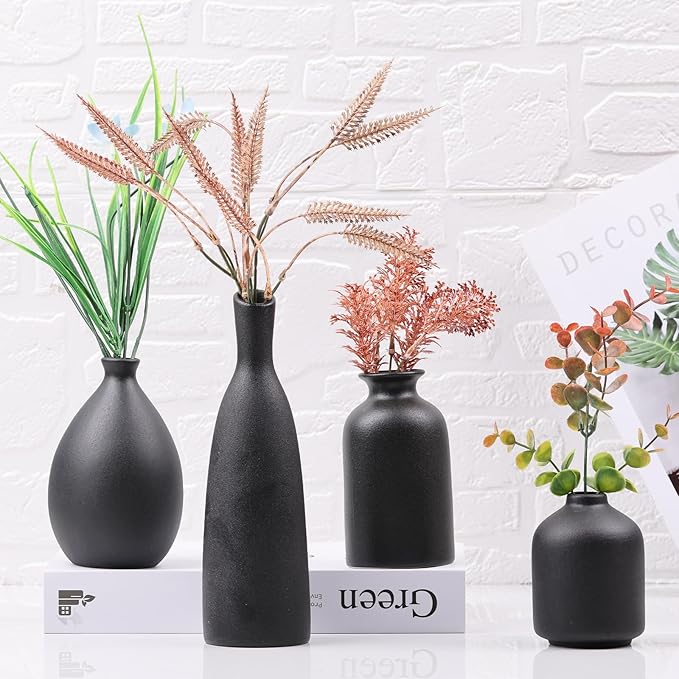 Black Ceramic Vase Set of 4, Matte Black Vases for Home Decor, Ceramic Small Bud Vase for Flowers, Modern Minimalism Decorative Flowers Vases for Centerpieces, Table, Shelf, Office Decor