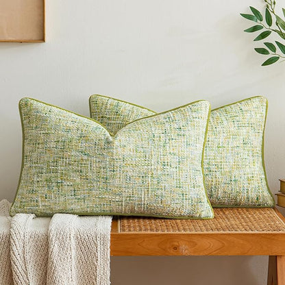 a moment Green Reversible Pillow Covers 2 Pack - Farmhouse Chenille Throw Pillows, Neutral Textured Decorative Throw Pillow Covers with Border for Couch Sofa Bed (12x20 Inch, No Insert)
