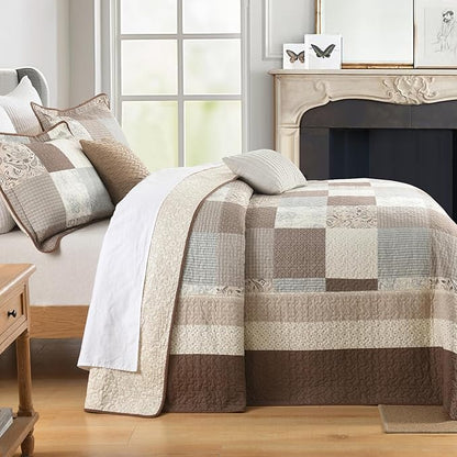 SahSahCasa 100% Cotton 120"x120" Oversized California King Bedspread Coverlet Quilt Set, Cal King Plaid Paisley Floral Extra Large Reversible XL Bed Spread Lightweight Comforter, Brown/Beige/Gray