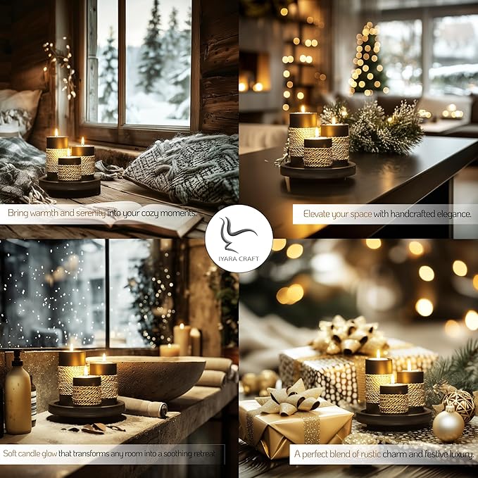 IYARA CRAFT Tealight Candle Holders with Tray – Set of 3 Rustic Black Wooden Candle Holders with Natural Rope Accent, Cozy Home Décor Centerpiece for Living Room, Christmas & Housewarming Gifts