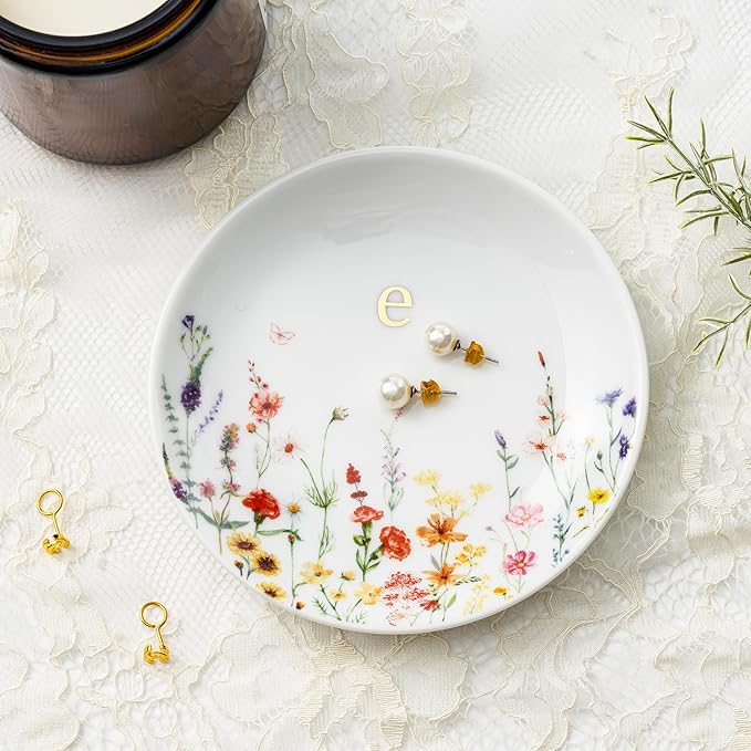 Crisky Initial Jewelry Tray Ring Dish & Gift Box, Ceramic Flower Trinket Dish for Rings Earrings Necklaces Keys, Bridal Shower Engagement Birthday Gift for Women, Friends 4.57" (Gold Foil E