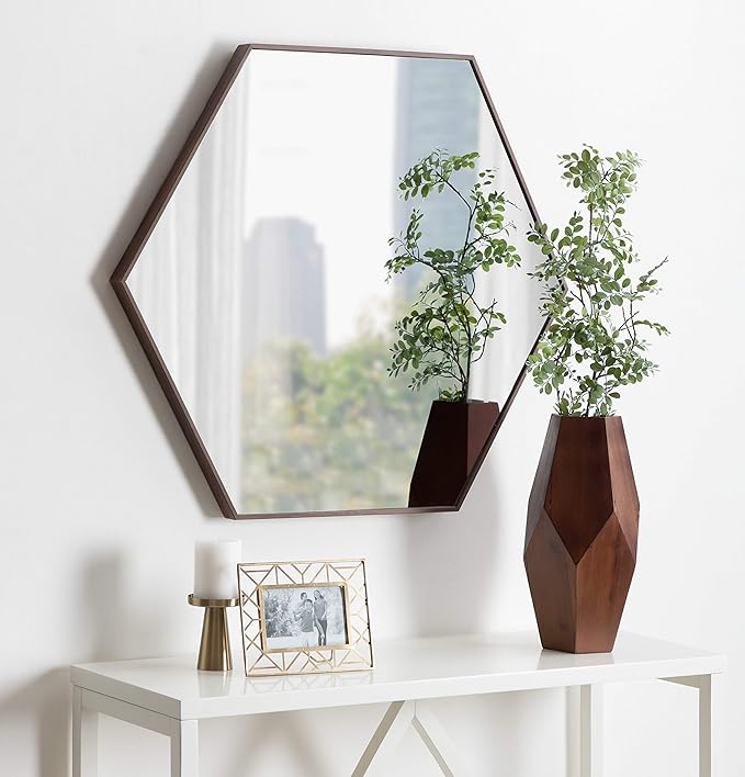 Kate and Laurel Rhodes 6-Sided Hexagon Wall Mirror, 30.75x34.75 Walnut Brown