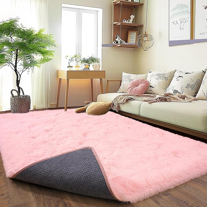 Super Fluffy Rug for Bedroom, 4x6 Shag Fuzzy Area Rug for Living Room Bedroom, Plush Soft Carpet for Girls Boys Kids, Non Slip Throw Rugs for Dorm, Modern Home Decor Aesthetic, Pink