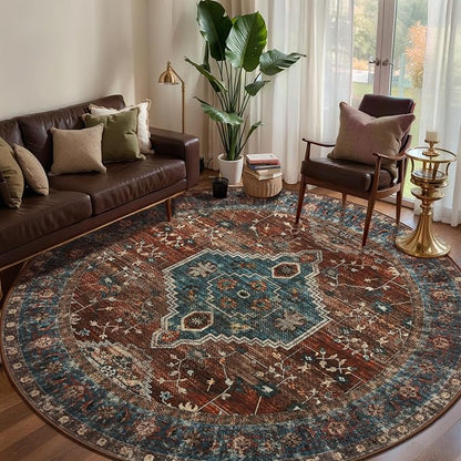 Tangsoo Oriental Round Area Rugs 6ft, Washable Circle Rug, Non Slip Boho Round Area Rug, Vintage Low Pile Circular Rugs,Large Rounds Rugs Carpet for Livingroom Bedroom Nursery Dorm Office Rust/Blue
