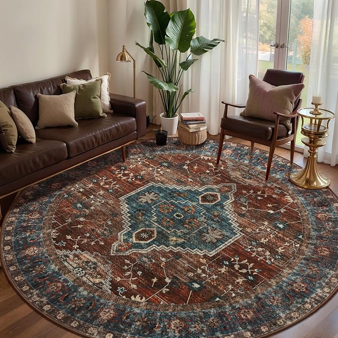 Tangsoo Oriental Round Rugs 5ft, Washable Circle Rug, Non Slip Boho Round Area Rug, Vintage Low Pile Circular Rugs, Round Carpet for Bedroom Living Room Nursery Dorm Office Rust/Blue