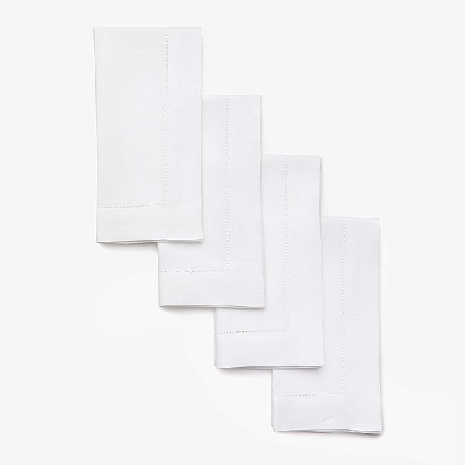 Solino Home White Linen Napkins Set of 4-100% Pure Linen Hemstitch Dinner Napkins 20 x 20 Inch for Winter, Valentines, Holiday, New Year - Classic Hemstitch