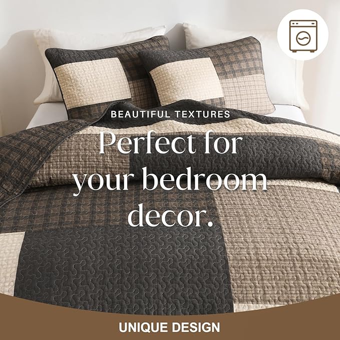 Oversized Quilt Bedspread 120"x120", 100% Cotton Patchwork King Bedspreads Coverlet Set with Pillow Cases, Lightweight Quilted Farmhouse Bedding Cover, 3 Piece, Brown/Beige/Gray