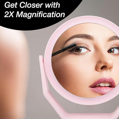 EXPRESSIONS Premium Soft Touch Rotating Mirror with 1x/2x Magnification - Round Pink Vanity Mirror, Handheld or Tabletop Mirror Magnification Makeup Mirror, Small Desk Mirror or Travel Mirror