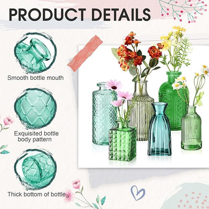 Yaomiao 30 Pcs Vases Bulk Colored Flower Glass Christmas Vases Bud Vintage Colored Glass Bottles Colorful Rustic Embossed for Home Wedding Table Decorations Gifts(Green Series)