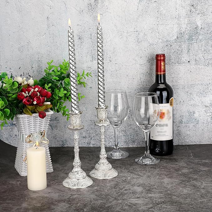 OwnMy Set of 2 Taper Candle Holders Vintage Metal Pillar Candlestick Holders 7.4”, Elegant Brass Candle Stick Holders Decor Candelabra Set for Dining Table Centerpieces Wedding Home Decoration, Silver