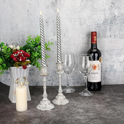 OwnMy Set of 2 Taper Candle Holders Vintage Metal Pillar Candlestick Holders 7.4”, Elegant Brass Candle Stick Holders Decor Candelabra Set for Dining Table Centerpieces Wedding Home Decoration, Silver