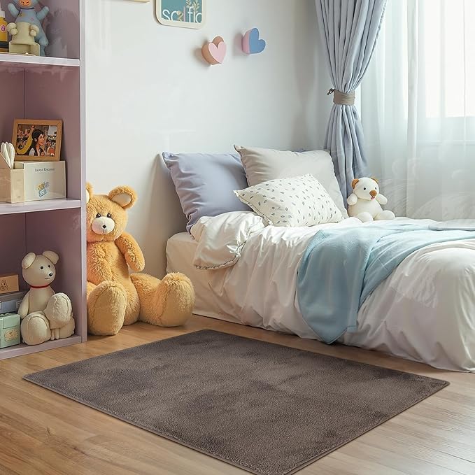 jinchan Solid Plush Area Rug 3x5 Performance Shaggy Washable Rug Indoor Soft Modern Faux Wool Cozy Non Slip Carpet for Living Room Kids Room Bedroom Dining Room Nursery Brown