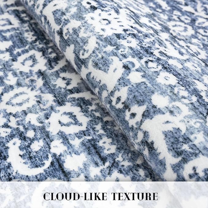 Vintage Runner Rug 3x8, Light Blue White Washable Kitchen Runner Non-Slip Soft Hallway Rug Runner Thin Print Faux Wool Carpet for Entryway Bedroom Laundry Room Indoor Home Office Decor