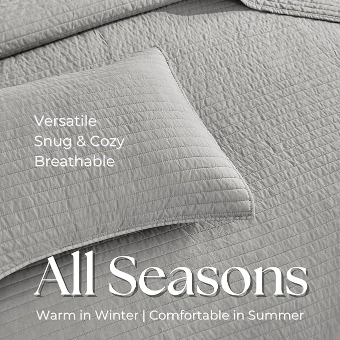 DOWN HOME King Quilt Bedding Set with Shams, Vintage Washed Soft Quilted Blanket Thin Comforter Lightweight Bedspread Coverlet Bed Cover, Brushed Microfiber Stripe Stitching, Light Gray, 104"x90"