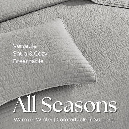 DOWN HOME King Quilt Bedding Set with Shams, Vintage Washed Soft Quilted Blanket Thin Comforter Lightweight Bedspread Coverlet Bed Cover, Brushed Microfiber Stripe Stitching, Light Gray, 104"x90"