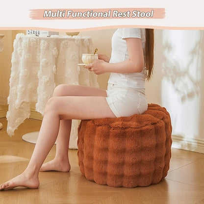 LIFEREVO Faux Rabbit Fur Round Inflatable Pouf Ottoman, 20" X 16" Fluffy Waffle Bubble Floor Poufs Foot Rest for Living Room Bedroom, Furry Pouf Foot Stool Kids Girls Adults, Anti-Slip, Burnt Orange